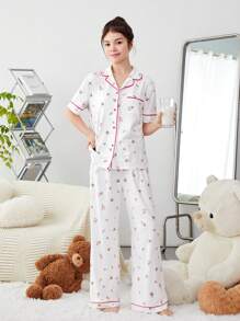 SHEIN Teenage Girls' Woven Colorblock Shirt & Shorts Set With Floral Print And Drawstring, Suitable For Home Wear - White - View 4