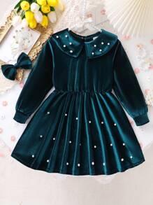 SHEIN 女小童珍珠串珠彼得潘領洋裝