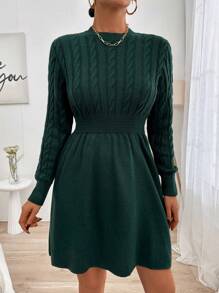 EURMUSE Long Sleeve Cable Knit Sweater Dress - Dark Green - View 5