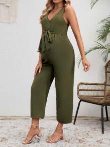 SHEIN 孕婦v領無袖連體褲,帶束腰 - 軍綠色 - 查看 3