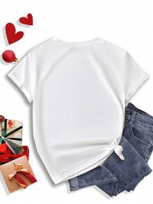 SHEIN LUNE Valentine's Day Women Heart Balloon Print Short Sleeve T-Shirt - White - View 2