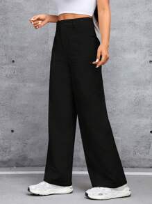 SHEIN PETITE Pantalones De Talle Alto De Color Liso Para Mujer - Negro - Ver 4