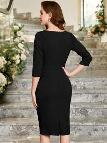 MIUSOL Ruched Zipper Back Slit Hem Bodycon Business Dress Black Elegant Spring - Black - View 3