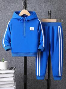 SHEIN 男孩字母拼接連帽衫和長褲套裝 - 藍色 - 查看 7