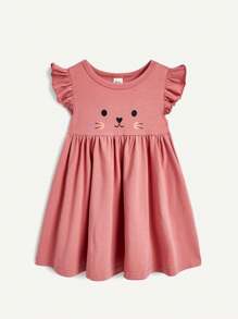 Cozy Pixies Conjunto De Vestido De Cintura Imperio Con Cuello Redondo Con Volantes Y Estampado De Conejito Para Niña Pequeña