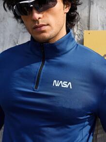 Manfinity Sport Corelite Men Letter Graphic Quarter Zip Sports Jacket Workout Tops Workout Tops Gym Top Fall Breathable Sports Jacket - Navy Blue - View 3