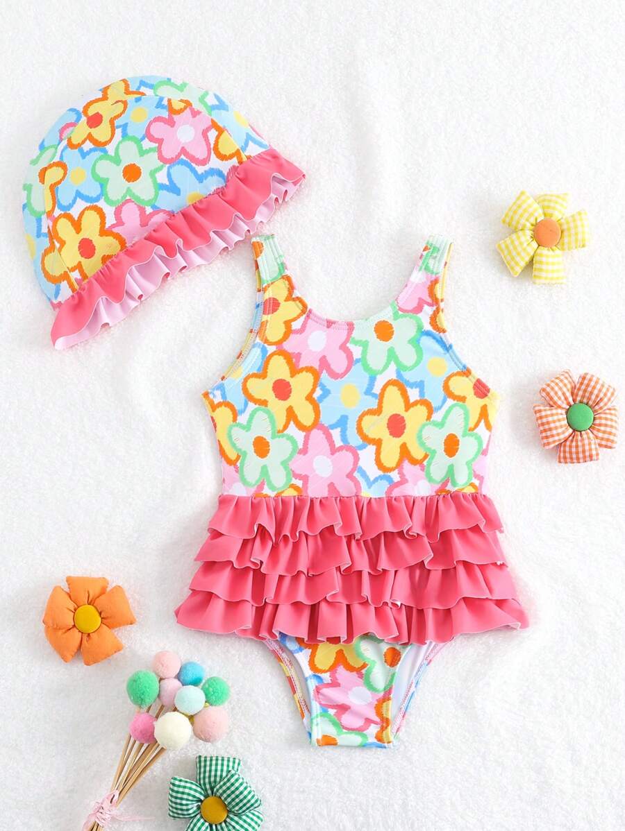 Baby Girl Flower Printed Swimsuit With Layered Ruffle Hem And Swim Cap - Multicolor - View 1