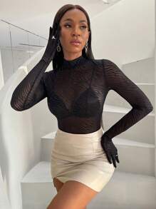 Zolique Women'S Stand Collar Sheer Mesh Long Sleeve Top Fall Cloth For Women - Black - View 5