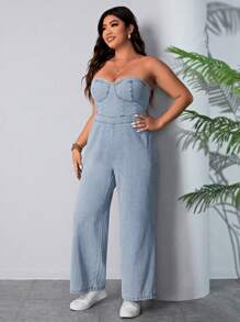 Breezaya Plus Size Denim Strapless Jumpsuit - Blue - View 6