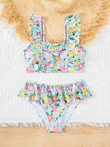 Tween Girl Floral Printed Bikini Set Summer Beach - Multicolor - View 5