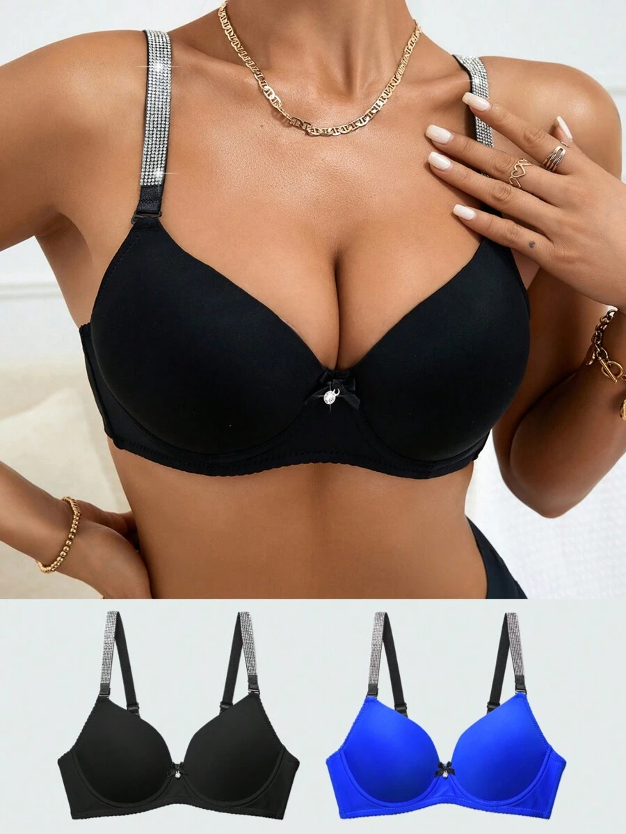 2pcs Women's Glitter Shoulder Strap Bra With Underwire Lingerie - Multicolor - View 1