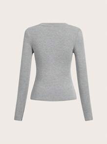 SHEIN EZwear Camiseta De Manga Larga De Punto Con Cuello En V Para Mujer - Gris - Ver 6