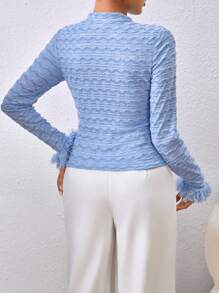 SHEIN Privé Women's Solid Color Textured Fuzzy Sleeve Cuff T-Shirt