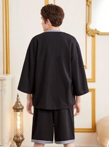 SHEIN 青少年男孩鑽石圖案編織上衣和短褲套裝 - 黑色 - 查看 3