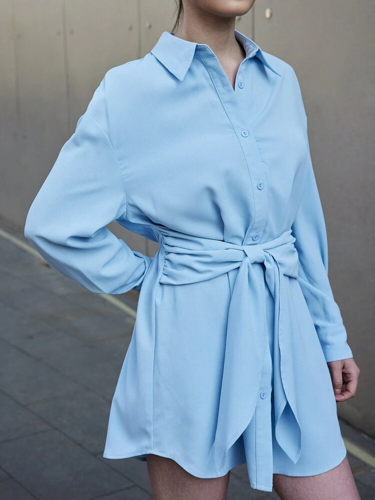 Leisure Blue Women's Dress With Waist Tie Design