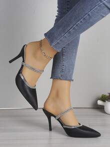 女性時尚黑色高跟鞋帶鑽石和尖頭 - 黑色 - 查看 2