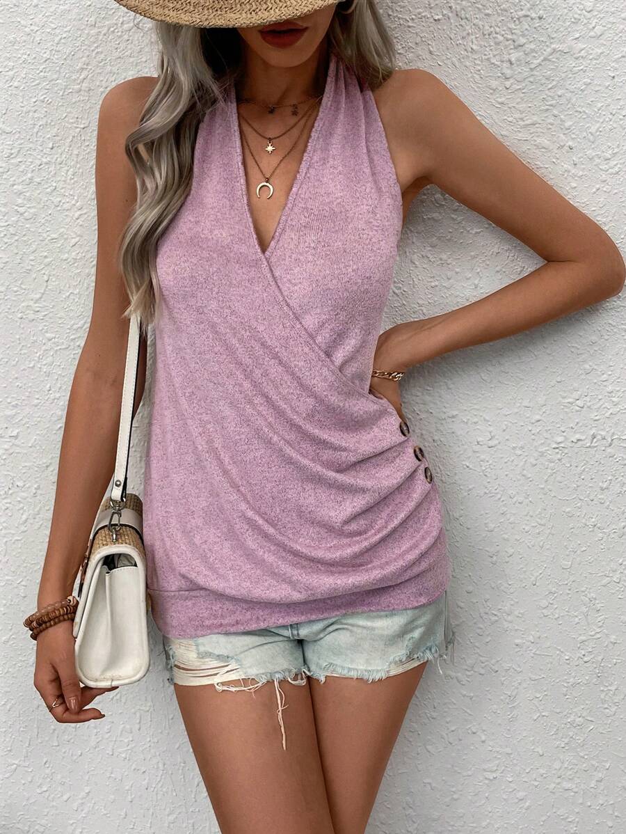 Breezaya Women'S Button Detail Wrap Halter Top - Purple - View 1