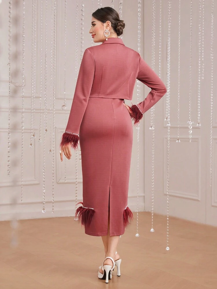 Women'S Cuff Patchwork Jacket And Skirt Set With Single-Breasted Closure 2 Piece Set