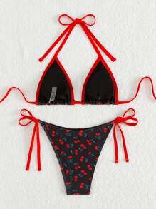 Swim Mod Summer Beach Women's Cherry Printed Bikini With Color Block Design And Halter Neck Bra & Bikini Bottom Bikini Set - Black - View 4