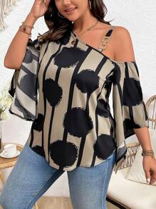 SHEIN Unity Plus Size Asymmetric Neckline Flare Sleeve Blouse - Multicolor - View 4