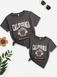 SHEIN Cô Gái Trẻ Slogan In Ngắn tay Áo thun - Màu xám đen - Xem 3