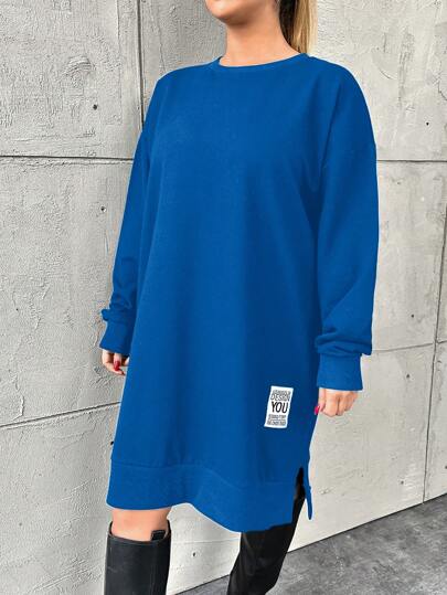 EURMUSE Plus Size Women's Letter Patch Round Neckline A-Line Dress