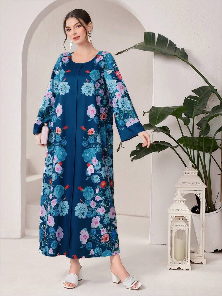 Women's Floral Printed Long Arabian Dress,Modest Full Length Jalabiya