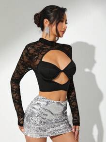 SHEIN ICON Lace Spliced Hollow Out Cropped T-Shirt - Black - View 6