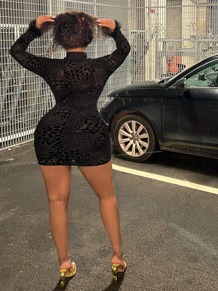 Valentine's Day See-Through Mesh & Furry Sleeve Cuffs Decor Black Tight Mini Dress
