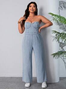 Breezaya Plus Size Denim Strapless Jumpsuit - Blue - View 5