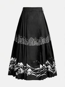 Falda Plisada De Estilo Chino Para Niñas Adolescentes Con Patrón De Montaña Impreso