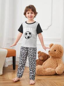 Conjunto de 2 piezas de ropa de estar en casa con camiseta de manga corta y pantalones estampados con diseño de fútbol para niño pequeño
