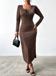 EURMUSE Tie Backless Glitter Bodycon Dress - Brown - View 2