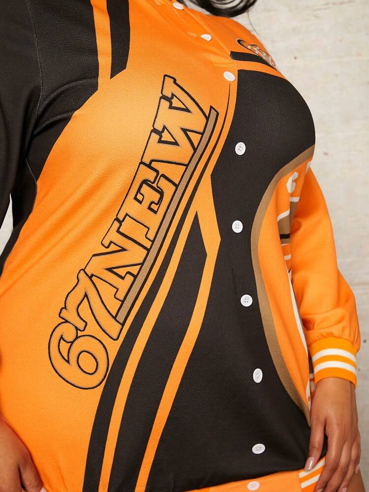 Plus Size Color Block Letter Printed Jacket