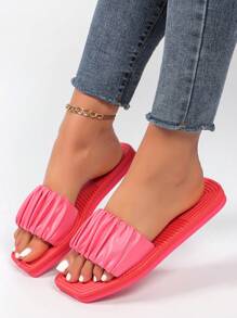 女士平底涼鞋,有摺疊設計的舒適懶人鞋,防滑純色開放式鞋頭,休閒沙灘拖鞋 - 玫紅色 - 查看 4