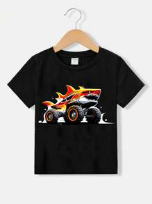 男孩休閒鯊魚紋短袖圓領t恤,適合夏天 - 黑色 - 查看 1