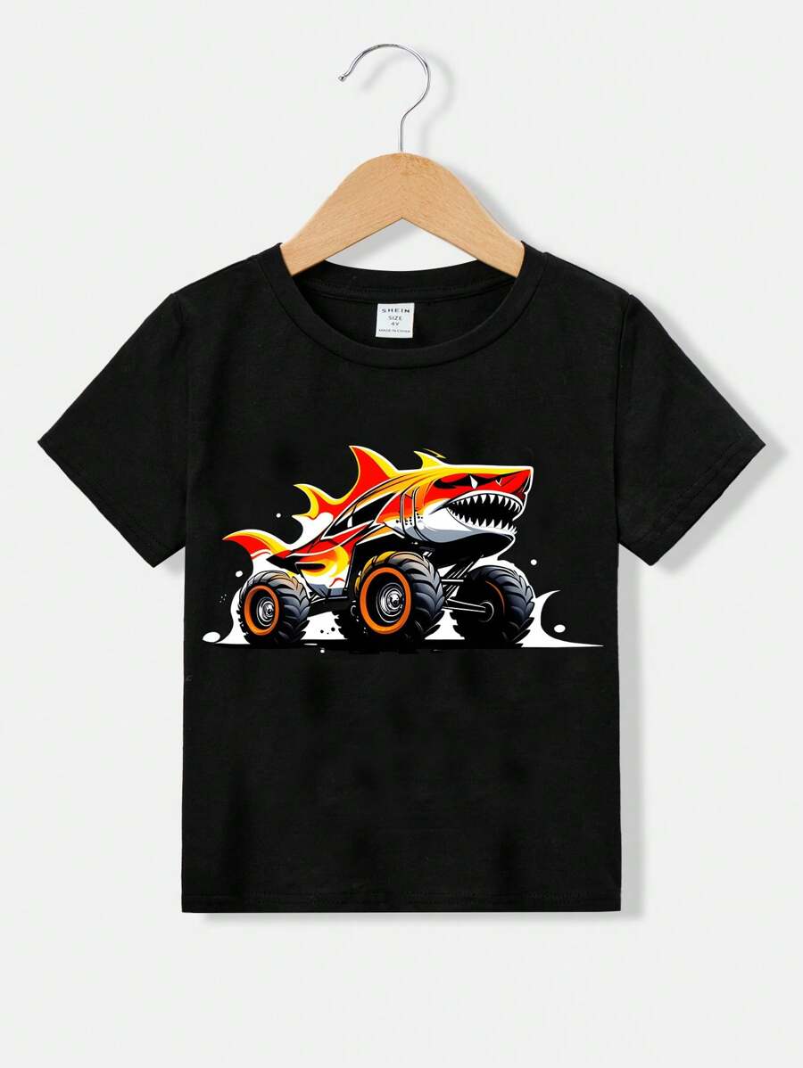 男孩休閒鯊魚紋短袖圓領t恤,適合夏天 - 黑色 - 查看 1