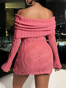 Zolique Women's Off Shoulder Long Sleeve Sweater Knit Pullover Fall Winter Outfit - Coral Pink - View 2