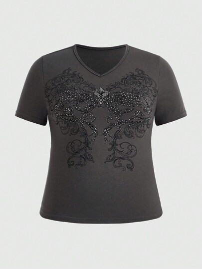 Fairycore Plus Size Women's V-Neck Short-Sleeve T-Shirt Plant Rhinestone Embellished Print