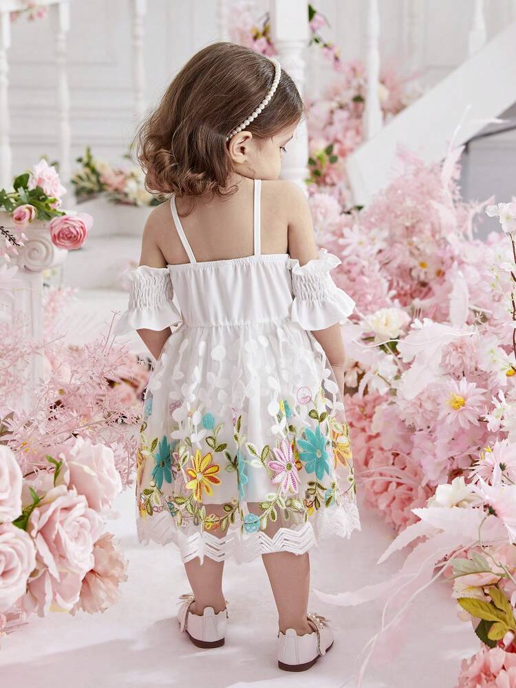 Baby Girl Hollowed Top Bowknot Embellished Embroidered Mesh Dress