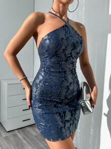 SHEIN Cottnline Glittering Cross Strap Backless Halter Party Dress - Navy Blue - View 4
