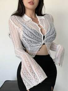 DAZY Áo ren dài tay mỏng nhẹ cho nữ, Trang phục đi biển, Quần áo mùa thu - trắng - Xem 3