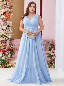 SHEIN Belle Nút Kích thước lớn Của phụ nữ Cổ chữ V Đầm dạ hội - Màu xanh lam - Xem 4