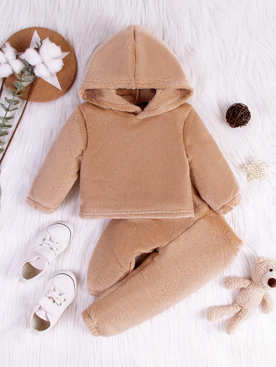 女嬰休閒法蘭絨長袖連帽運動衫和褲子套裝,秋冬 - 薑色 - 查看 1