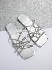 女款銀色鑽石方頭平底涼鞋,適用於休閒夏季/秋季穿搭,時尚百搭 - 銀色 - 查看 4