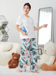 SHEIN 少女純色針織短袖t卹與花紋褲子的休閑套裝 - 彩色 - 查看 3