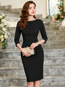 MIUSOL Ruched Zipper Back Slit Hem Bodycon Business Dress Black Elegant Spring - Black - View 6