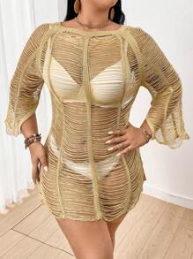 SHEIN Swim Curve Plus Size Hollow Out Fringe Cover Up Summer - Apricot - View 3
