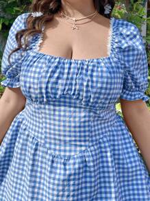 Dreamara Retro Kẻ sọc Hình vuông Đường viền cổ áo Kích thước lớn Của phụ nữ Đầm - Nhiều màu - Xem 3