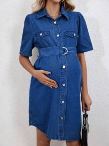 SHEIN Vestido De Mezclilla De Maternidad Con Botones De Solapa